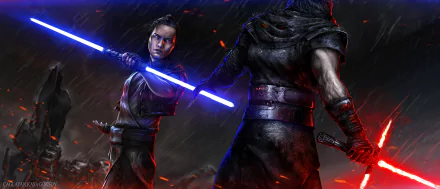 HD desktop wallpaper featuring Rey and Kylo Ren from Star Wars Episode VII: The Force Awakens, both wielding lightsabers in an intense standoff scene.