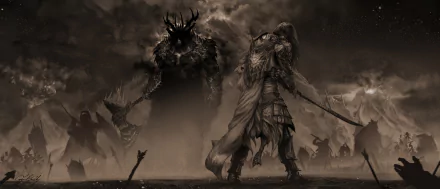 A fierce fantasy warrior stands ready for battle, wielding an axe and sword against a towering giant in a dark, dramatic landscape. HD wallpaper for an epic gaming experience.