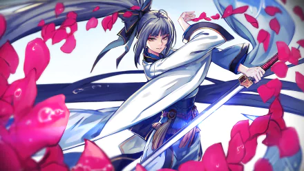 Anime-style warrior from Pixiv Fantasia T wields a glowing sword amid swirling red petals, set in a dynamic HD PC desktop wallpaper and background.