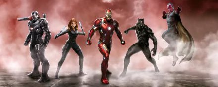 HD desktop wallpaper featuring Marvel characters War Machine, Black Widow, Iron Man, Black Panther, and Vision from the movie Captain America: Civil War, poised against a smoky, dramatic background.
