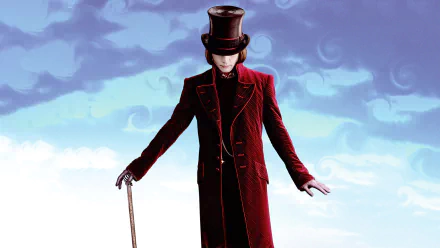 HD desktop wallpaper featuring Johnny Depp as Willy Wonka from the movie Charlie And The Chocolate Factory against a cloudy sky background.