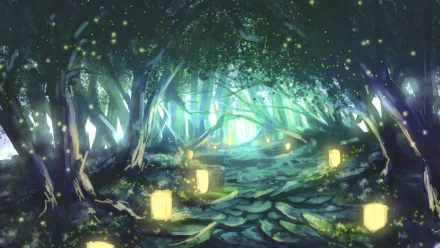 A serene anime forest scene featuring a winding path illuminated by glowing lanterns, creating a magical atmosphere in this HD desktop wallpaper.