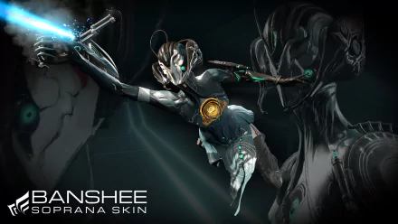 HD PC desktop wallpaper of Warframe's Banshee (Soprana skin) from the video game: a woman-warrior in sleek armor lunging with an energy weapon against a shadowed sci‑fi backdrop.