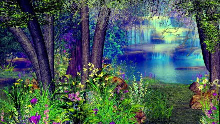 A vibrant, colorful fantasy scene featuring a mystic forest with blooming flowers, tall trees, and a cascading waterfall flowing into a serene lake, captured in HD for a PC desktop wallpaper.