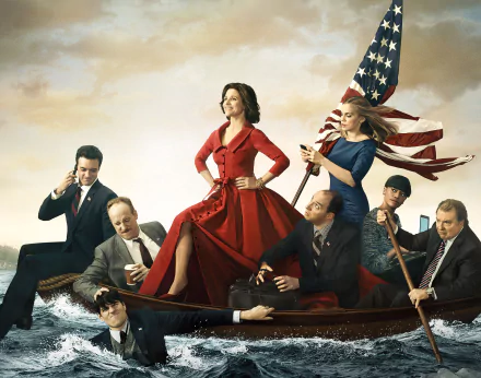 2K Quad HD desktop wallpaper for TV comedy Veep: woman in red stands at center of a boat with colleagues, an American flag waving behind them.