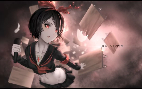 Anime-style HD wallpaper of Rin Kagamine from Project Diva with short black hair, red eyes, wearing a bow and skirt, holding a microphone surrounded by floating sheets.