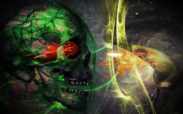 A dark, green skull with glowing red eyes faces a ghostly, illuminated human head, set against an abstract cosmic background in this HD PC desktop wallpaper.