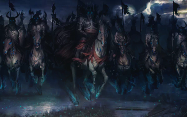 A dark, dramatic scene featuring a warrior from The Witcher 3: Wild Hunt, riding among a ghostly cavalry under a stormy sky, showcasing a striking 4K Ultra HD visual.