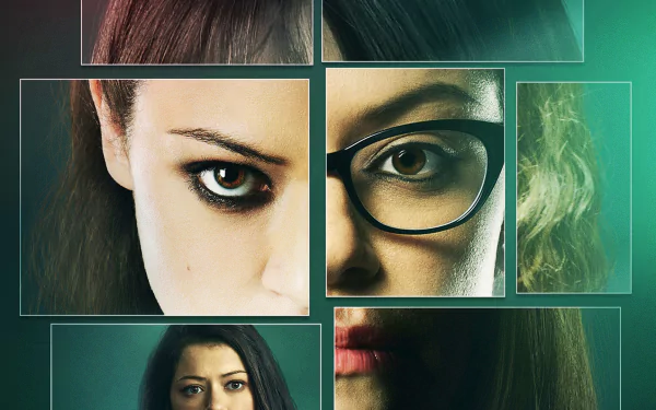 HD PC desktop wallpaper featuring a collage of close-up faces from the TV show Orphan Black with a dark, mysterious color palette.