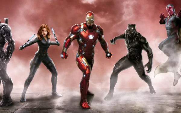 HD desktop wallpaper featuring Marvel characters War Machine, Black Widow, Iron Man, Black Panther, and Vision from the movie Captain America: Civil War, poised against a smoky, dramatic background.