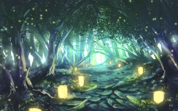 A serene anime forest scene featuring a winding path illuminated by glowing lanterns, creating a magical atmosphere in this HD desktop wallpaper.