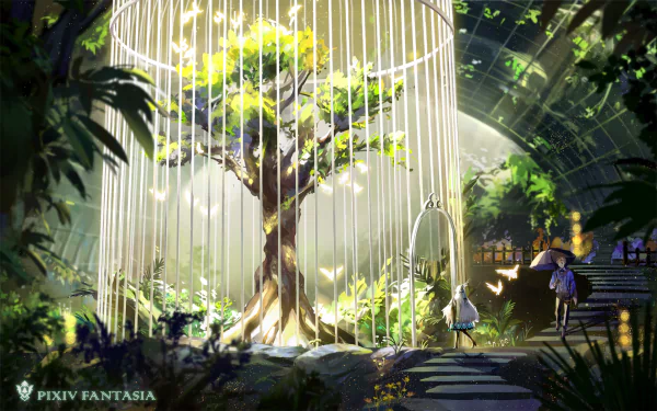 HD anime wallpaper featuring a vibrant tree in a cage surrounded by lush greenery, inspired by Pixiv Fantasia, creating a serene, magical atmosphere.