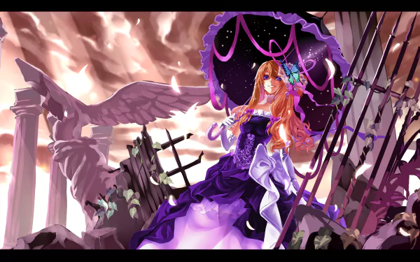An HD wallpaper featuring Yukari Yakumo from the anime Touhou, depicted in a striking pose with a parasol against a dramatic, crumbling background.