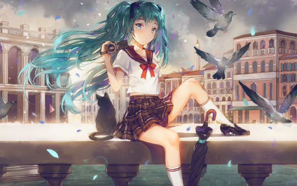 Anime Vocaloid Hatsune Miku Long Hair Twintails Blue Hair Blue Eyes School Uniform Skirt Chat Oiseau Pigeon Parapluie Appareil Photo Petal Blush Socks Fond d'écran HD | Image