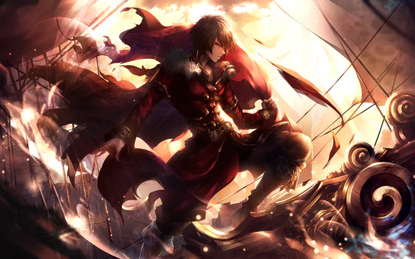 HD fantasy anime original artwork featuring a dark-clad character with a flowing red cape amidst dynamic lighting and swirling abstract elements, designed as a PC desktop wallpaper.