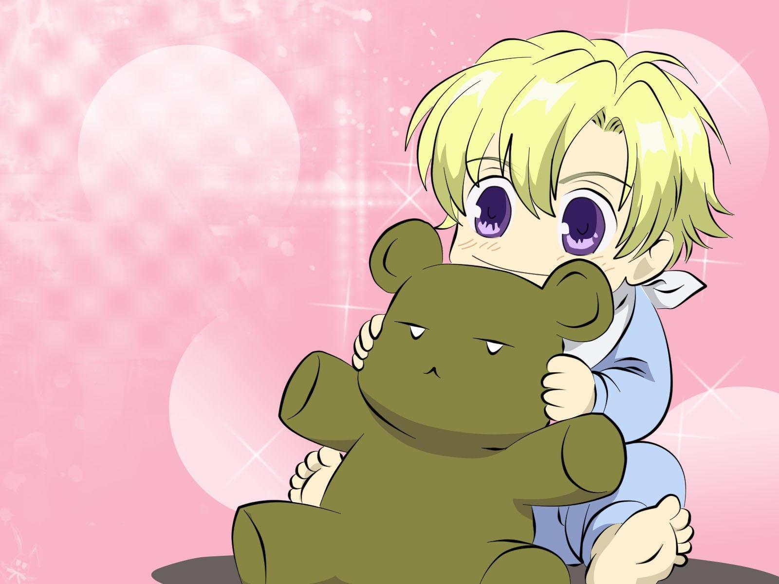 HD desktop wallpaper of a character from Ouran High School Host Club holding a teddy bear, with a pink background.