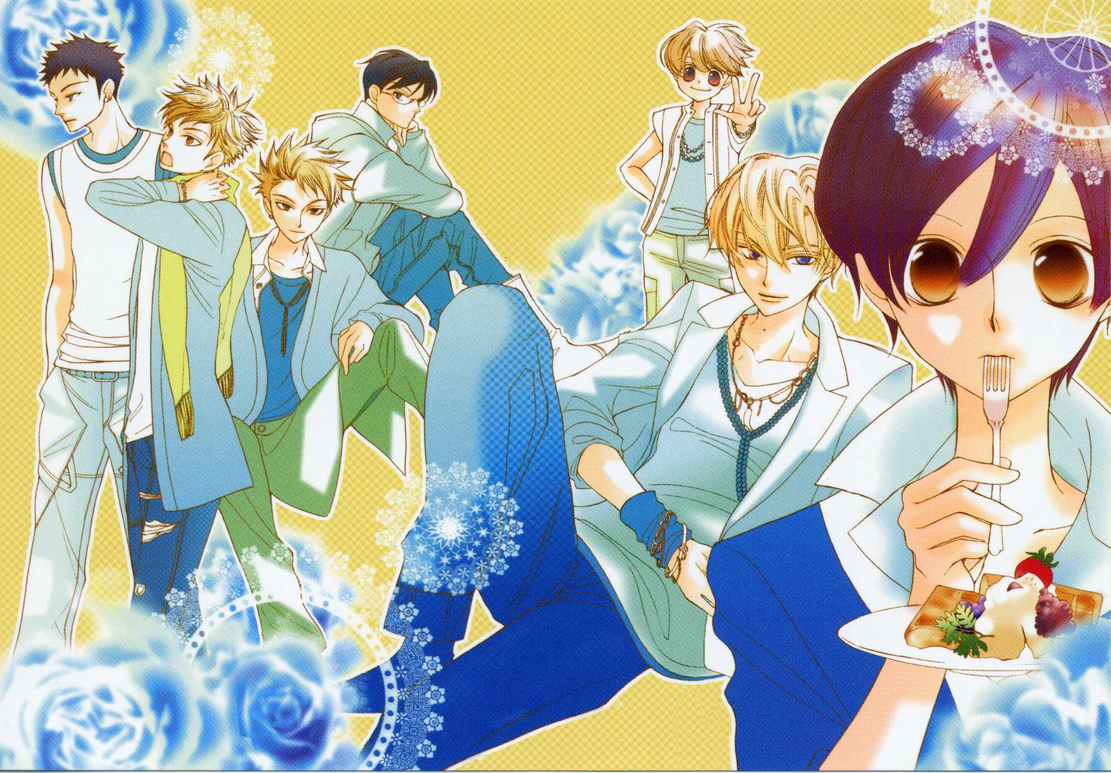 HD wallpaper featuring characters from Ouran High School Host Club, with a bright, floral background.