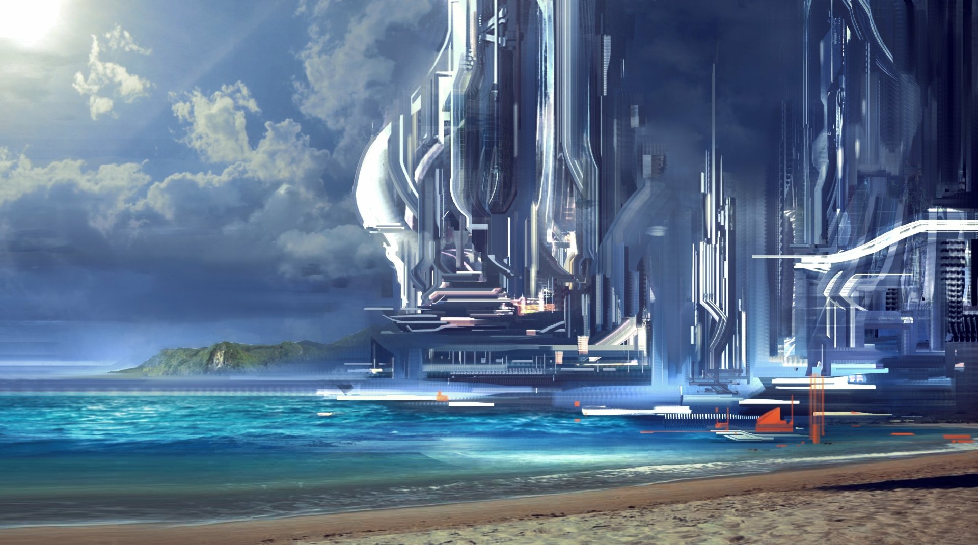 Sci Fi city rising from the ocean beside a sandy beach under dramatic clouds; sleek towers reflected in blue water — HD PC desktop wallpaper and background.