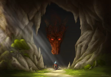 HD fantasy PC desktop wallpaper depicting a lone warrior facing a glowing-eyed dragon emerging from a dark cave illuminated by beams of light.