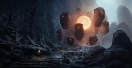 HD PC desktop wallpaper and background: fantasy landscape of a misty canyon where rune-lit monoliths float and circle a blazing orb above a rocky path and distant torchlight.