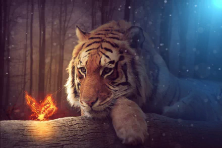 A majestic tiger rests on a log in a serene forest, captivated by a glowing butterfly. This HD desktop wallpaper setting is tranquil and enchanting.