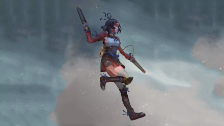 Mumei from Kabaneri of the Iron Fortress leaps dynamically, wielding dual weapons against a misty background, showcasing an action-packed anime aesthetic.