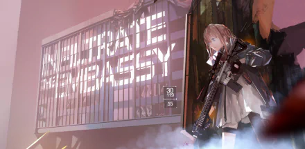 HD desktop wallpaper from Girls Frontline featuring a character holding an AR15, set against a backdrop with the text INFILTRATE THE EMBASSY.