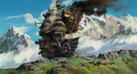 A vibrant HD wallpaper featuring Howl's Moving Castle, showcasing the whimsical castle amidst lush greenery and majestic mountains under a clear blue sky.