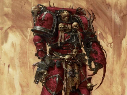 A striking HD wallpaper featuring a Warhammer character in red armor adorned with skulls, set against a textured background, capturing the essence of the iconic video game universe.