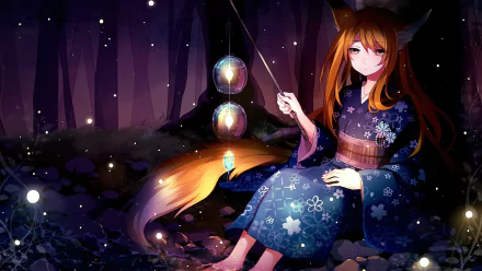 A serene anime girl with long brown hair and animal ears sits in a forest at night, wearing a floral kimono and gazing at lanterns, creating a magical atmosphere.