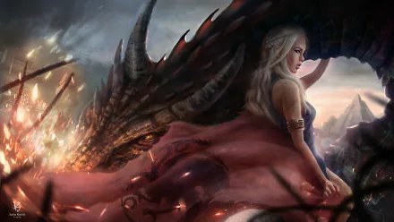 Daenerys Targaryen sits majestically beside her dragon in this HD wallpaper inspired by A Song of Ice and Fire and the Game of Thrones TV show, capturing a moment of power and beauty.