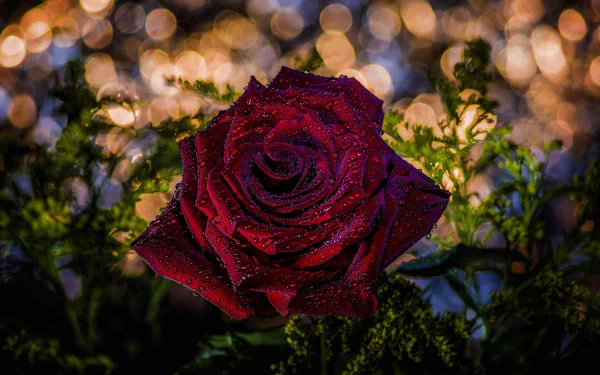A close-up of a vibrant red rose adorned with droplets, surrounded by lush greenery, features a beautiful bokeh backdrop, making it an exquisite nature-inspired desktop wallpaper.