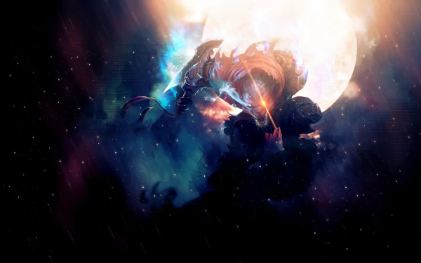 A vibrant HD desktop wallpaper featuring Rengar from League of Legends, set against a cosmic background with a glowing moon, capturing the essence of the video game.