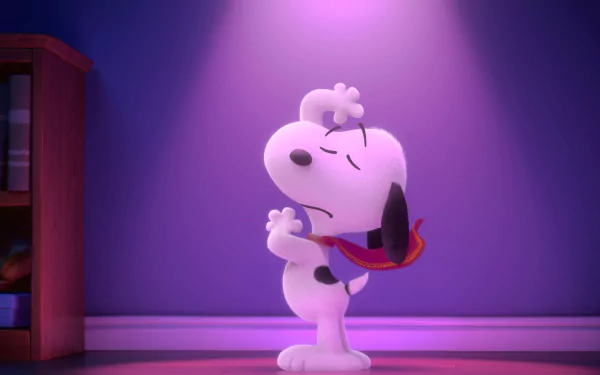 HD desktop wallpaper from The Peanuts Movie featuring Snoopy dancing happily with soft purple background lighting.