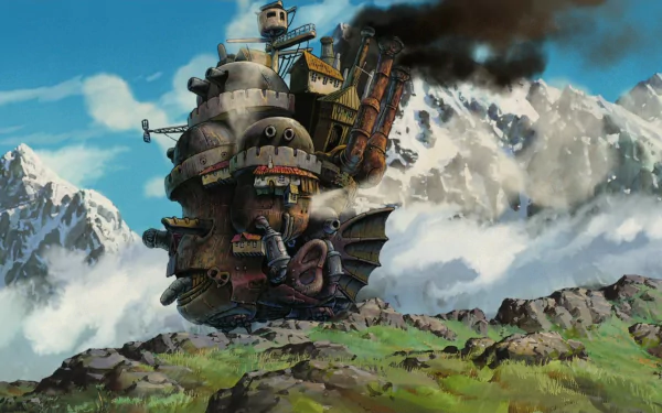 A vibrant HD wallpaper featuring Howl's Moving Castle, showcasing the whimsical castle amidst lush greenery and majestic mountains under a clear blue sky.