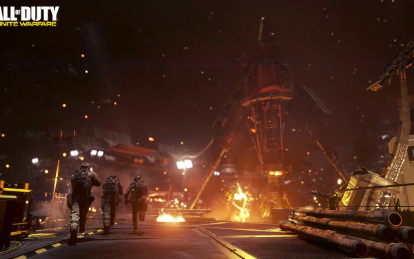 A dramatic scene from Call of Duty: Infinite Warfare, featuring soldiers advancing through a fiery, industrial landscape, captured in stunning 4K Ultra HD for desktop use.