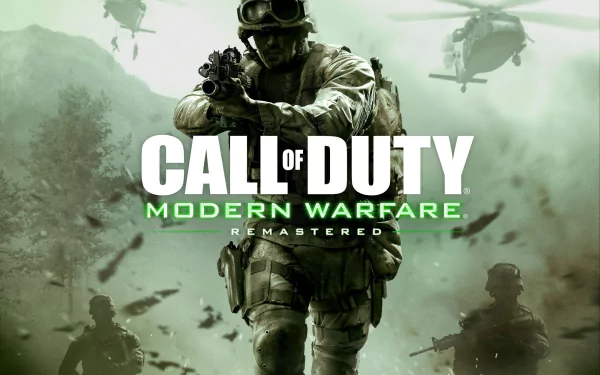 High-definition wallpaper featuring Call of Duty: Modern Warfare Remastered, showcasing soldiers in action amidst a dynamic battlefield with helicopters overhead.