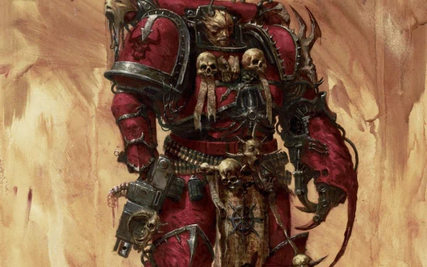 A striking HD wallpaper featuring a Warhammer character in red armor adorned with skulls, set against a textured background, capturing the essence of the iconic video game universe.