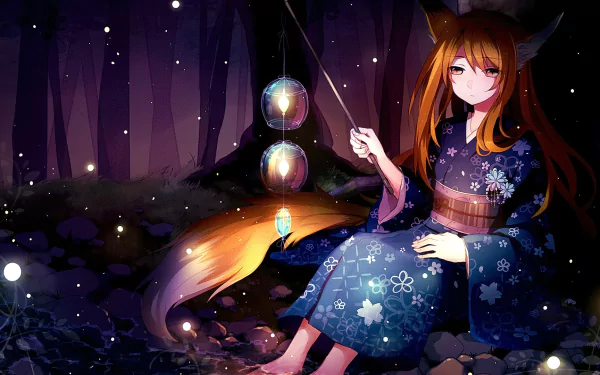 A serene anime girl with long brown hair and animal ears sits in a forest at night, wearing a floral kimono and gazing at lanterns, creating a magical atmosphere.