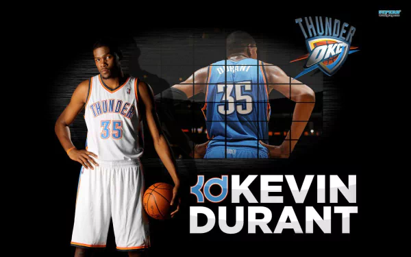 HD desktop wallpaper of Kevin Durant in Oklahoma City Thunder basketball jersey, with a dark, stylized background.