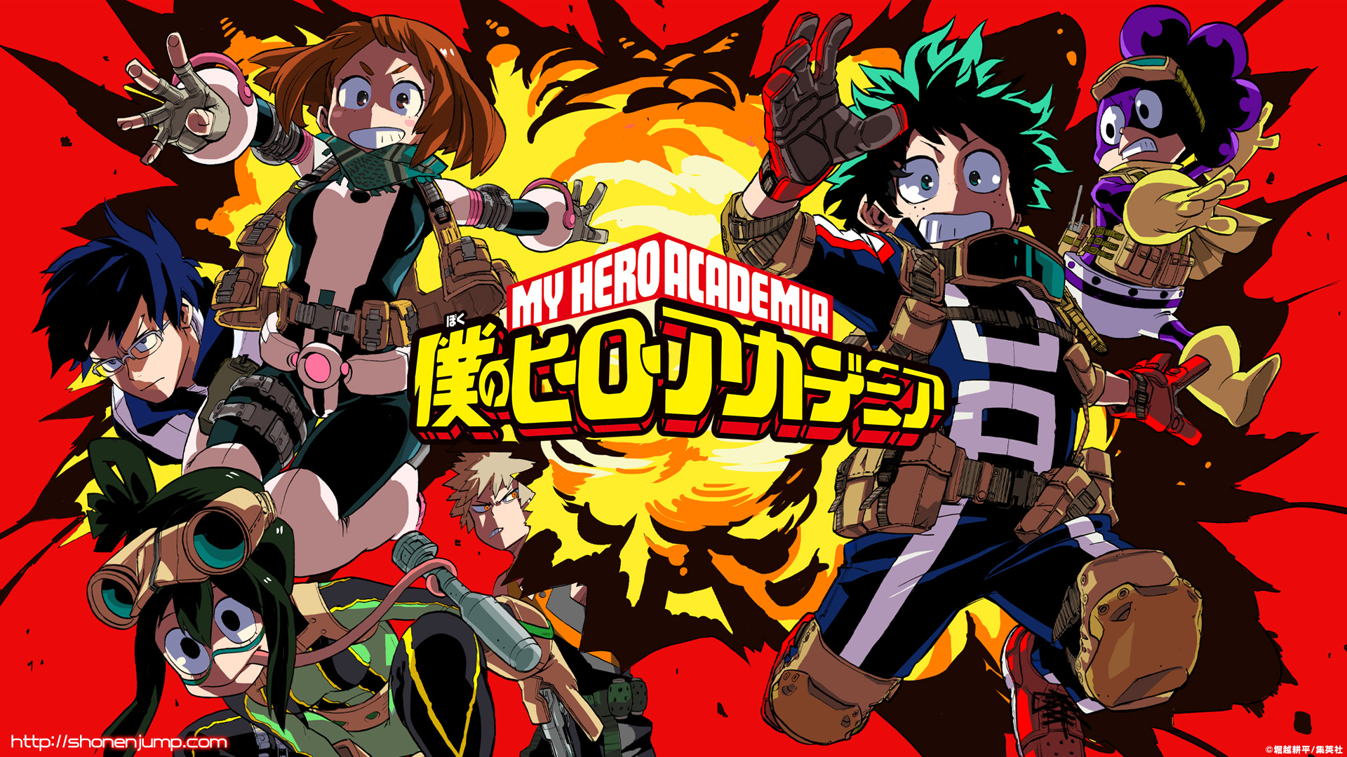 HD desktop wallpaper featuring Katsuki Bakugou, Minoru Mineta, Tenya Iida, Tsuyu Asui, Ochaco Uraraka, and Izuku Midoriya from My Hero Academia, with an explosive background and the My Hero Academia logo.