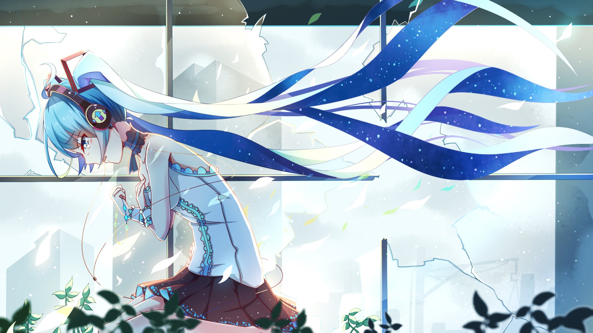 HD PC desktop wallpaper featuring Hatsune Miku, the iconic blue-haired Vocaloid, in an anime style with flowing hair and headphones against a bright, serene background.