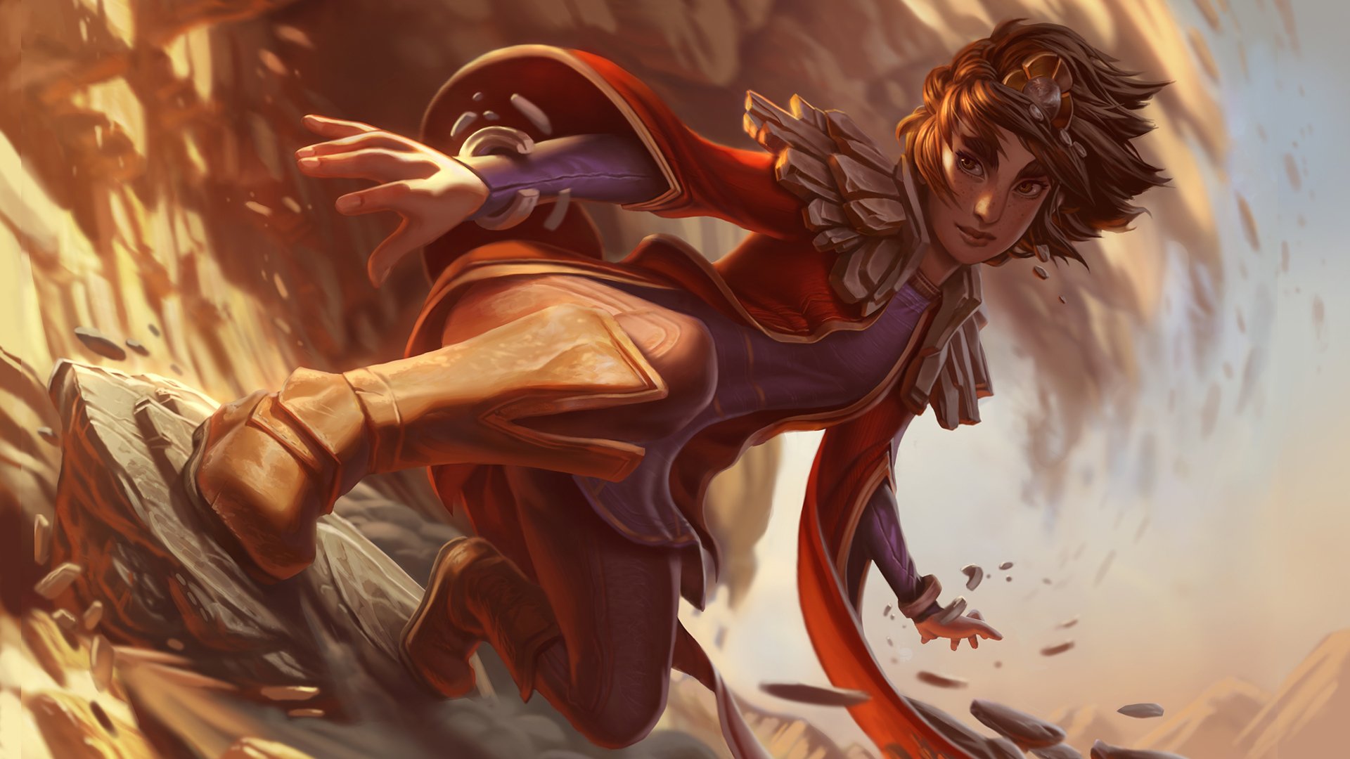 Taliyah from League of Legends navigates a rocky landscape in this HD PC desktop wallpaper, showcasing vibrant colors and dynamic action from the popular video game.