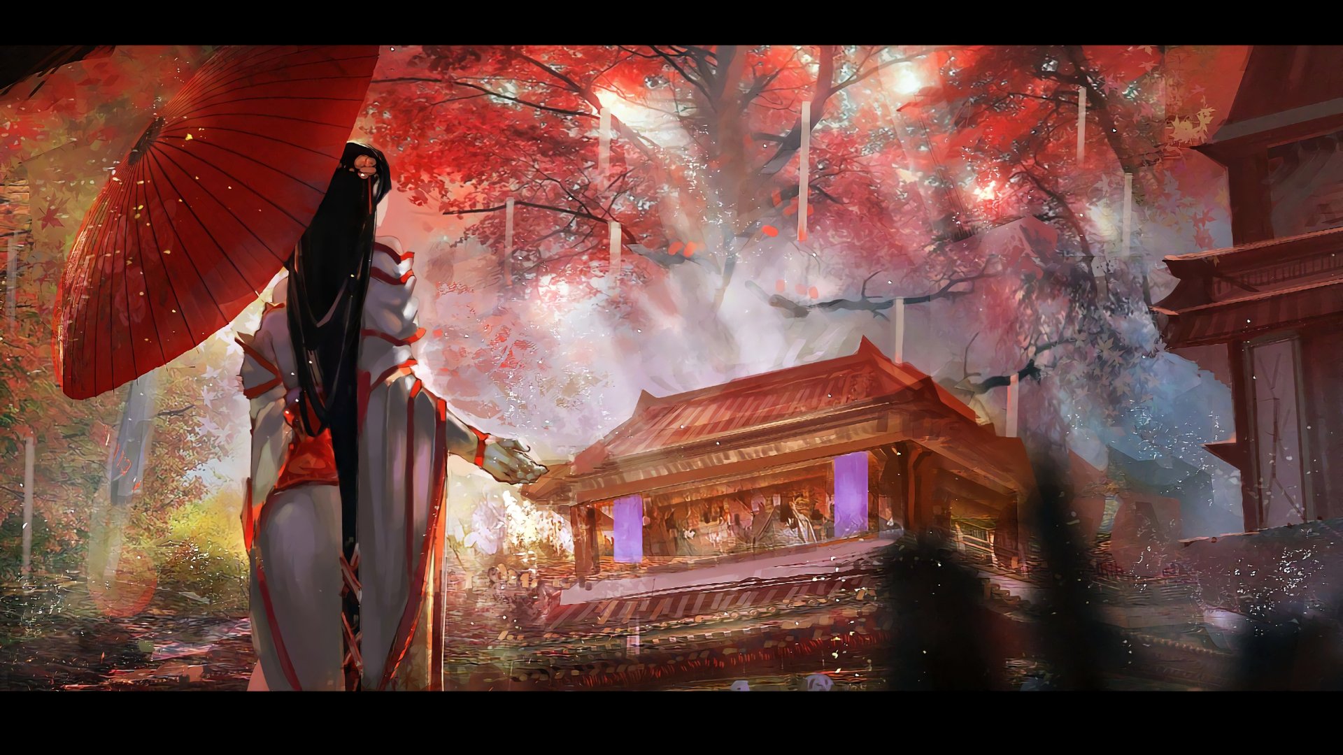 Anime-style HD PC desktop wallpaper from Pixiv Fantasia T featuring a figure in traditional attire holding a red umbrella amid vibrant autumn trees and ornate architecture.