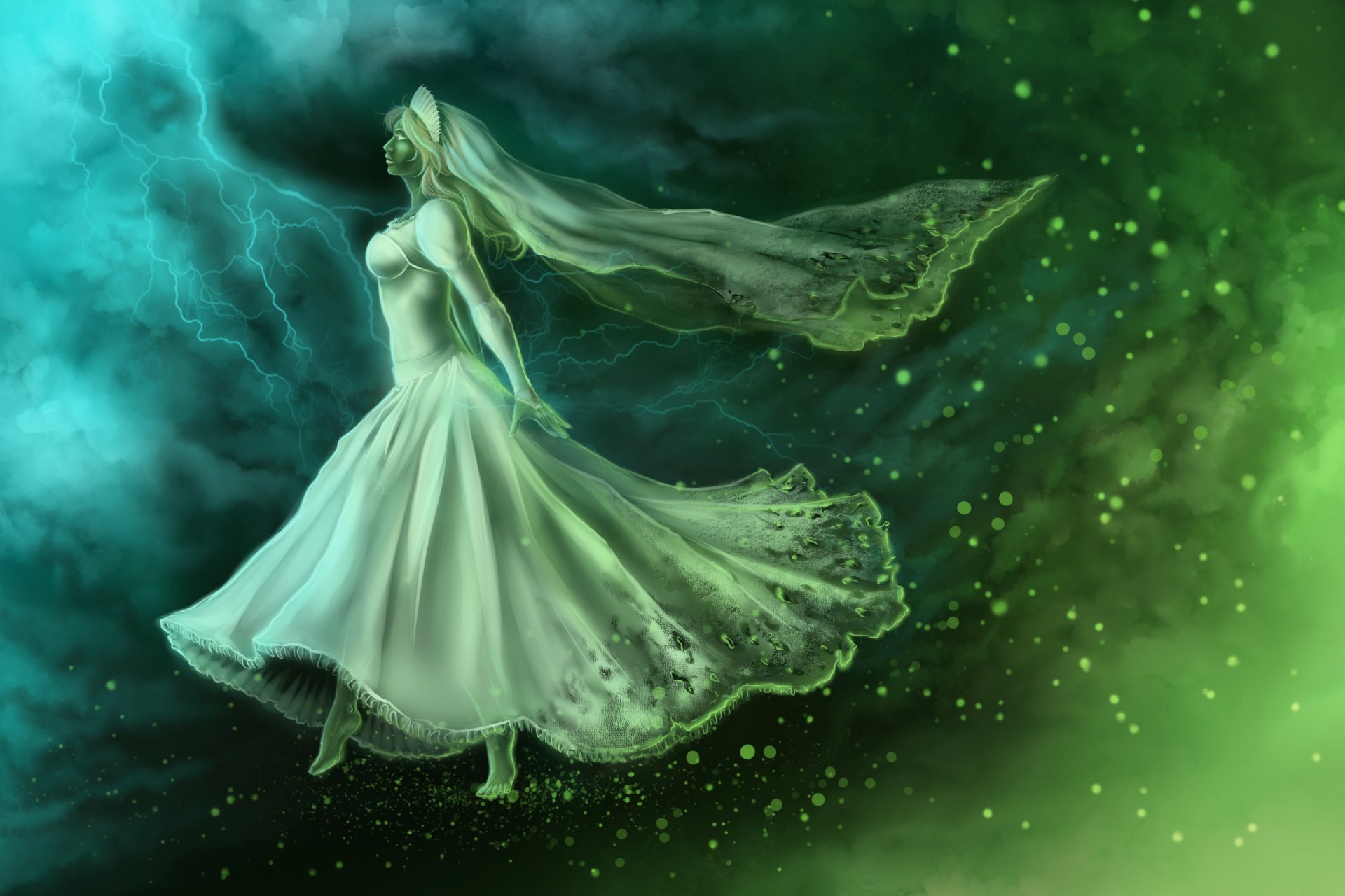 A blonde bride in a flowing wedding dress stands amid swirling green and blue mist, embodying a dark fantasy scene in this HD PC desktop wallpaper.