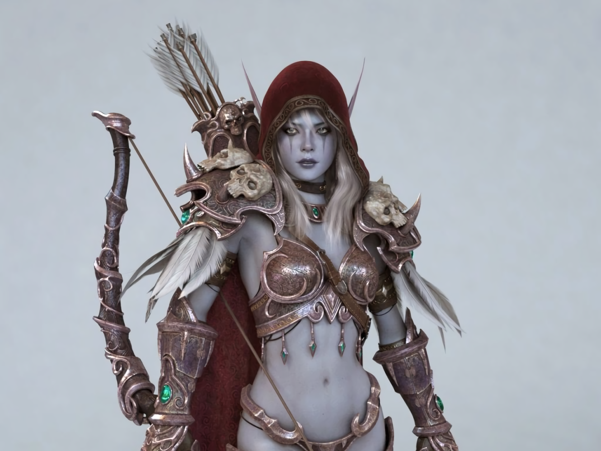 Sylvanas Windrunner, a fierce elf warrior from World of Warcraft, dons intricate armor and wields a powerful weapon, embodying a striking fantasy aesthetic in this HD desktop wallpaper.