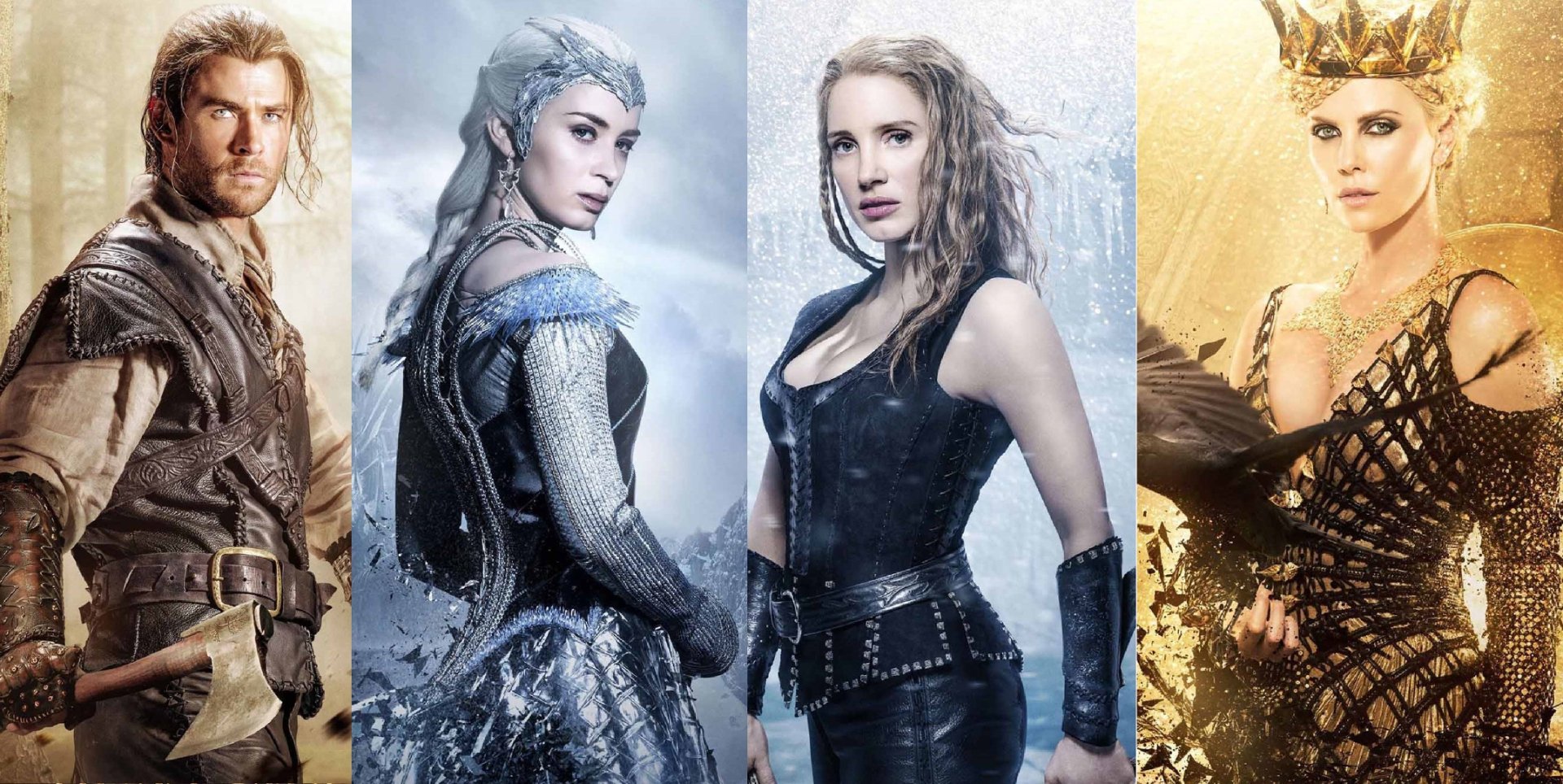 HD desktop wallpaper featuring Chris Hemsworth, Jessica Chastain, Emily Blunt, and Charlize Theron from the movie The Huntsman: Winter's War.