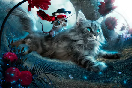 A whimsical fantasy scene featuring a majestic cat leaping through a mystical landscape, with a tiny character in a hat and cape riding on its back, surrounded by glowing flora.