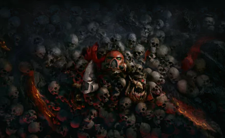 A haunting dark scene featuring a multitude of skulls from Warhammer 40,000: Dawn of War III, presented as an intricate 8K Ultra HD PC desktop wallpaper.