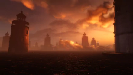 HD Bioshock Infinite PC wallpaper featuring a sea view at sunset with silhouetted lighthouses under a dramatic orange sky.